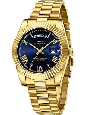 Nibosi Men's Gold Blue Analog Quartz Stainless Waterproof Desiger Wrist Watch